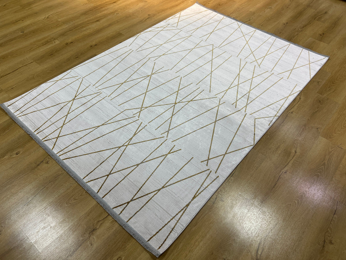 Modern Turkish Rug, White Gold Bamboo Acrylic, 5x8 ft