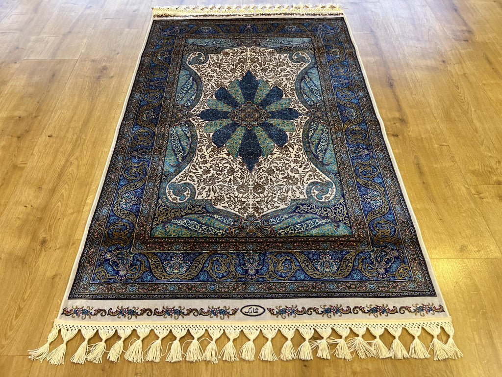 Ivory Silk Rug with Blue Medallion Pattern, Luxury Small Silk Carpet