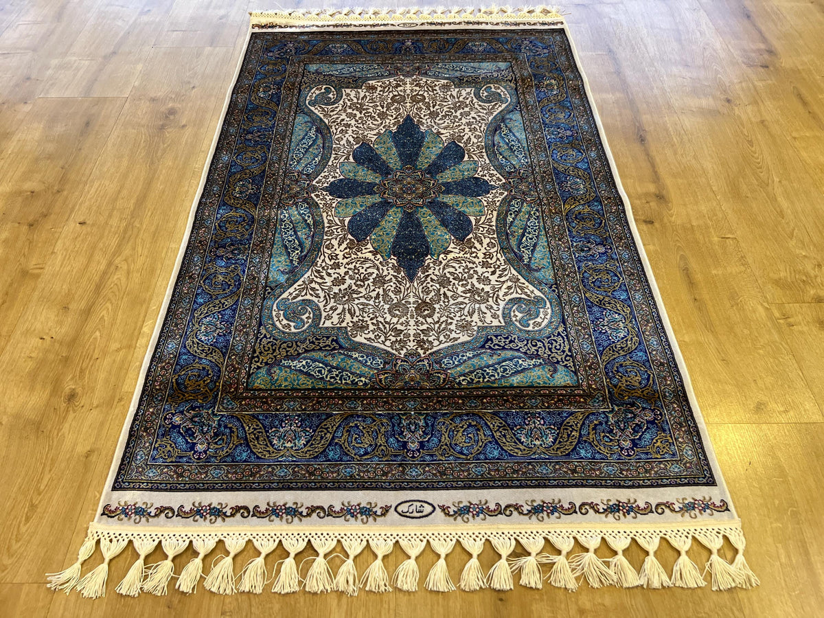 Ivory Silk Rug with Blue Medallion Pattern, Luxury Small Silk Carpet