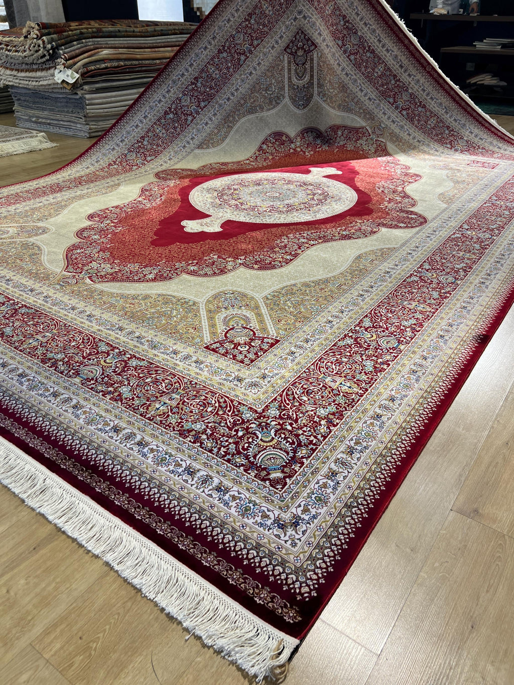 Red Modal Silk Turkish Rug, Palace Design 8x11 ft