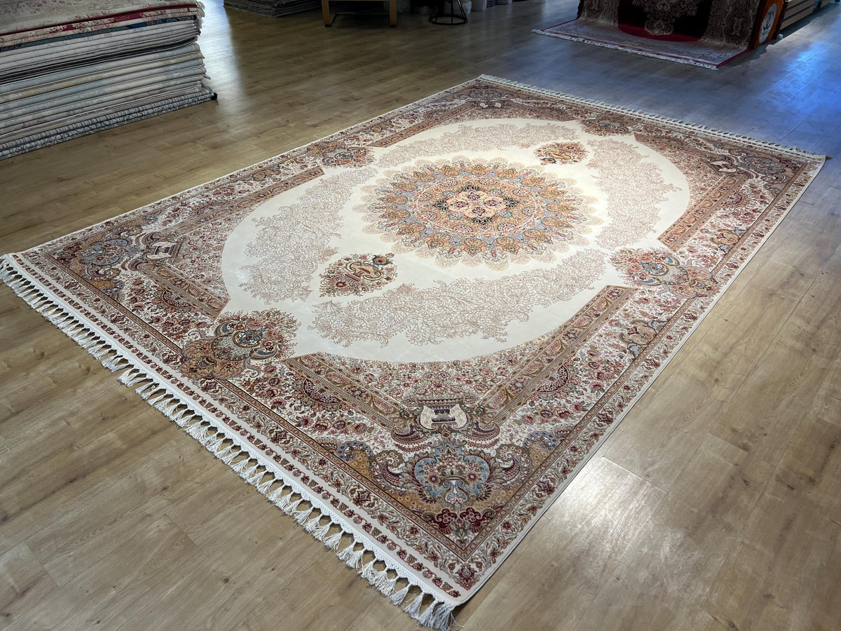 Cream Medallion Silk Rug, Turkish Style Home DEcor, 8x11 ft