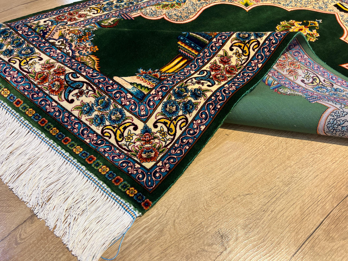 Green Modal Silk Prayer Rug, Luxury Muslim Gift Mat (2.62X4.10 ft) Janamaz Mat