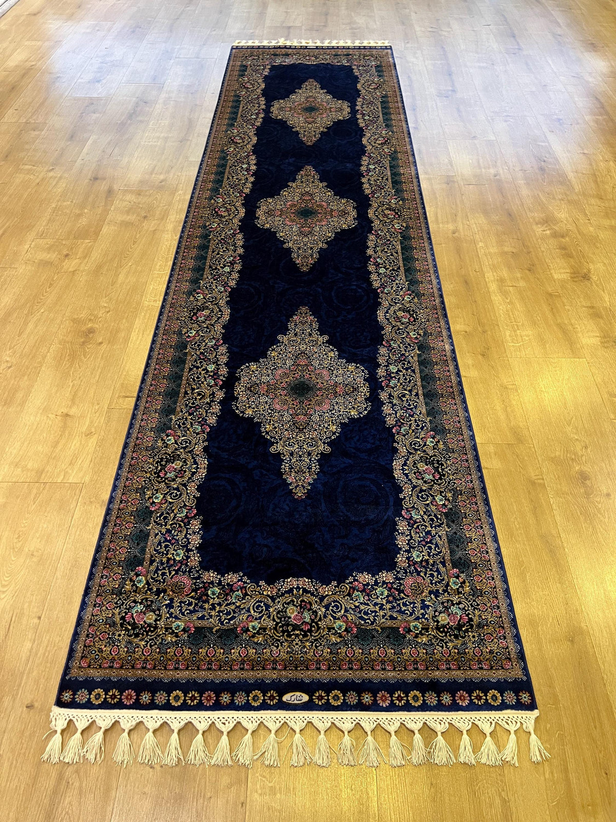 Navy Blue Medallion Silk Runner Rug, 3x10 ft, Turkish Style Classic Luxury Hallway Rug