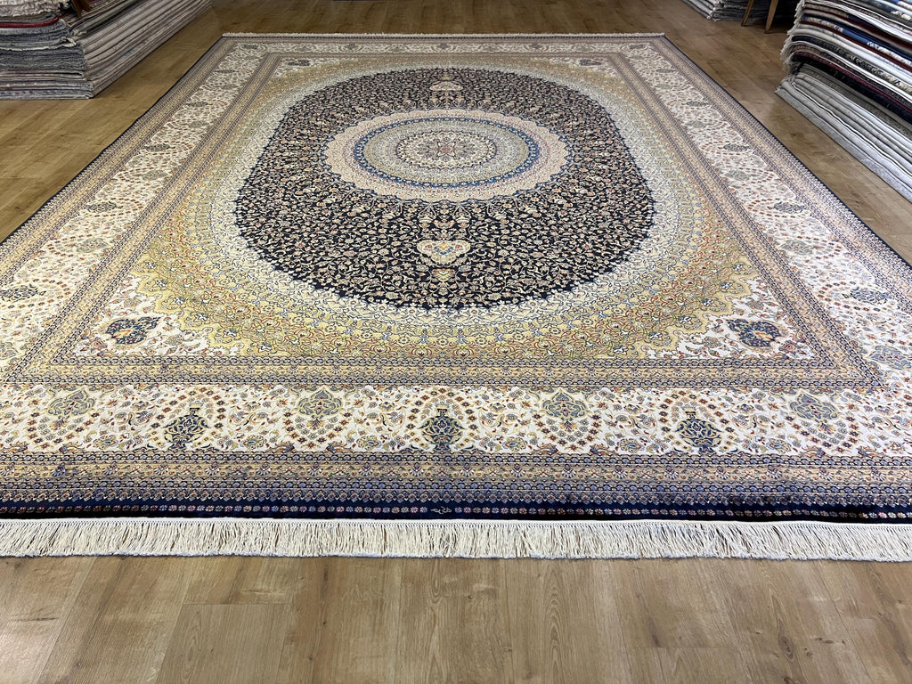 Bamboo Silk Navy Blue Rug 10x13 ft, Luxury Large Rug with Classic Medallion Design