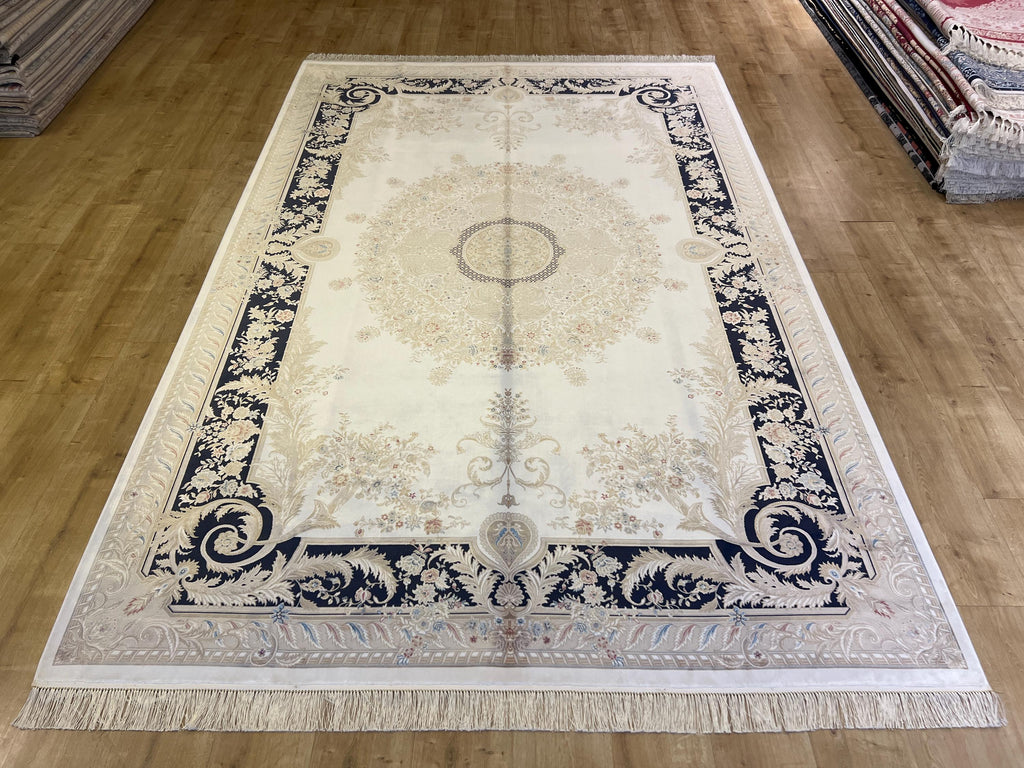Ivory Silk Rug with Navy Blue Border Gold Medallion, Classic Turkish Rug
