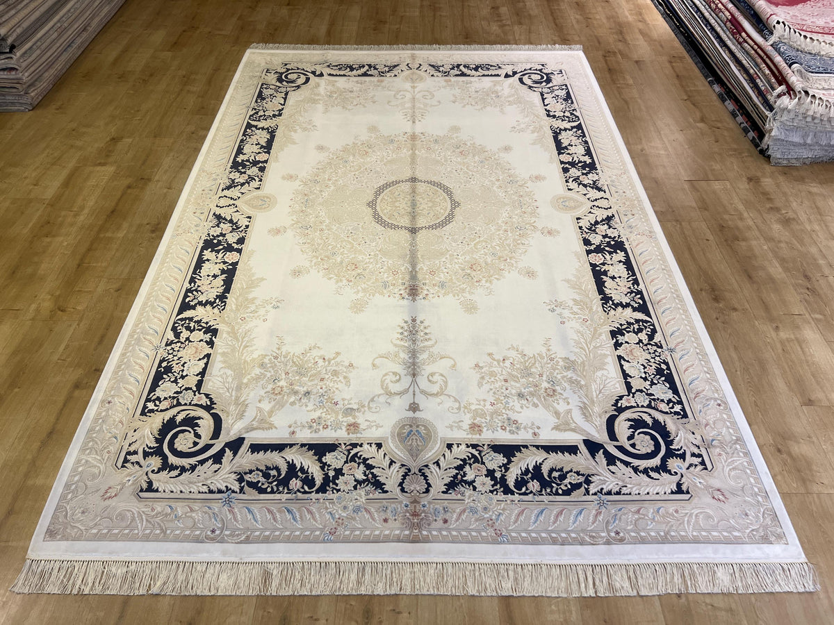 Ivory Silk Rug with Navy Blue Border Gold Medallion, Classic Turkish Rug