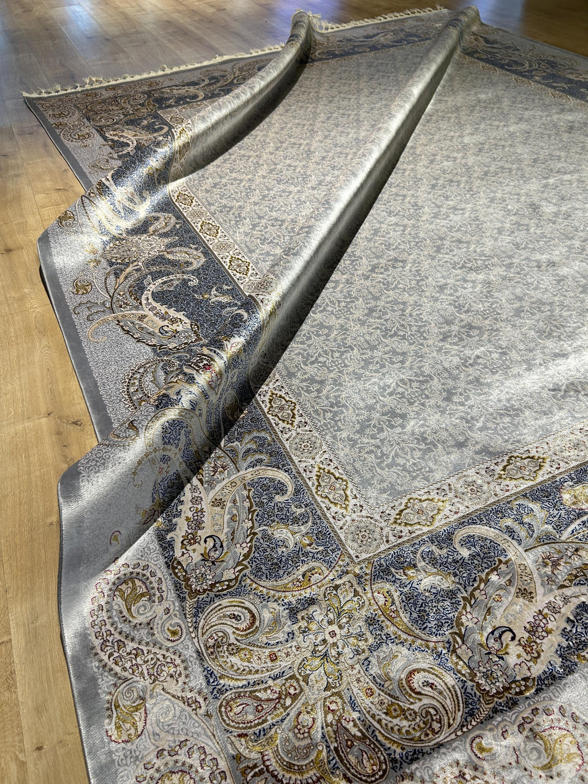 8x10 ft Gray Silk Rug,  Gray  Gold Border Design Turkish Carpet, Luxury Home Decor