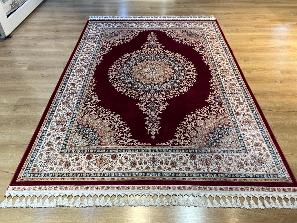 5x8 ft Red Silk Rug, Blue Gold Medallion, Classic Turkish Carpet, Luxury Rug