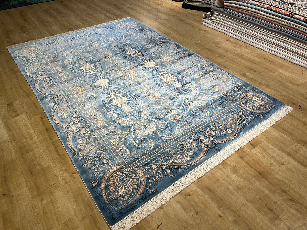 7x10 ft Blue Classic Turkish Style Silk Area Rug with Elegant Luxury Design