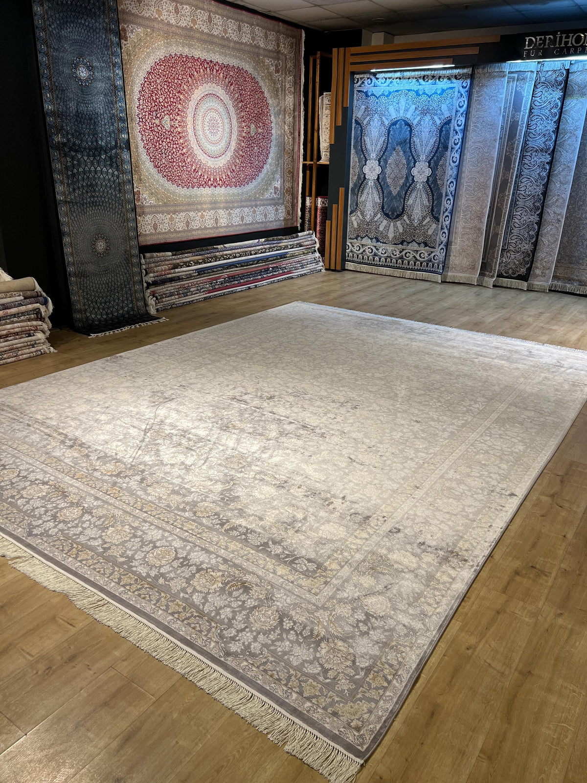 10x13 ft Gray Classic Silk Rug with Beige Floral Motifs, Big Silk Carpet