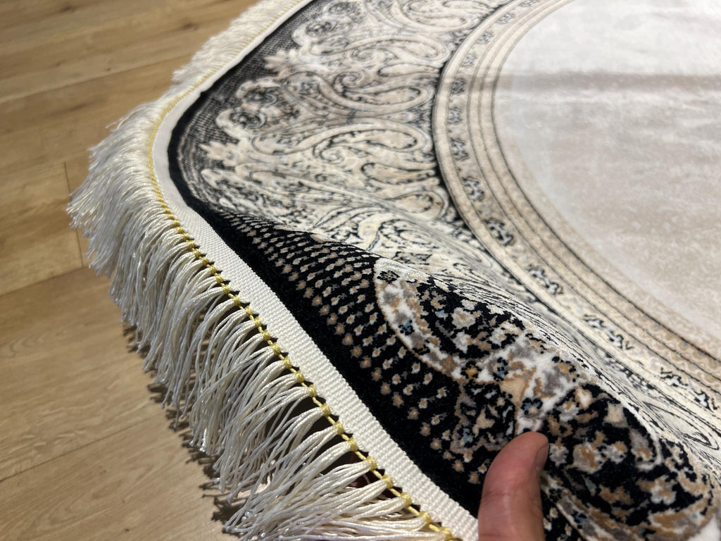 5x5 Ft Round Cream Silk Rug, Black Framed Border, Classic Luxury Turkish Rug