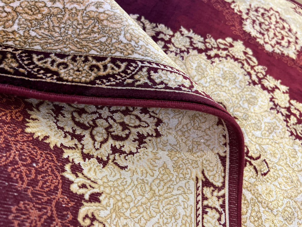 Red Gold Medallion Silk Rug, Turkish Carpet, 3x10 ft