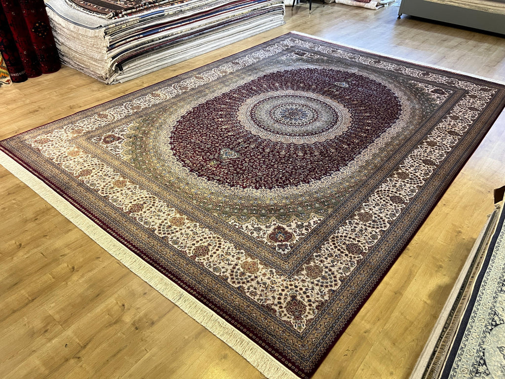 10x13 ft Red Silk Rug, Classic Medallion Design Traditional Rug