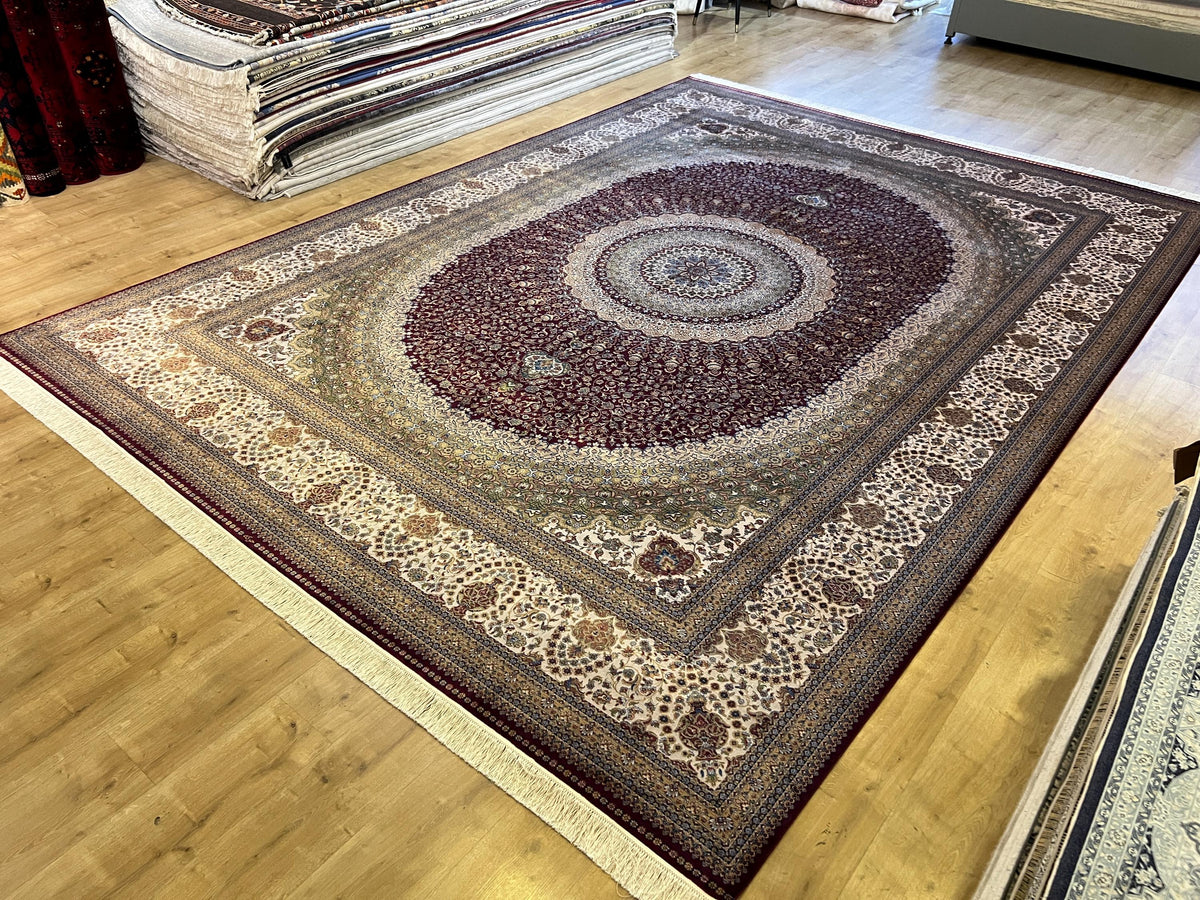 10x13 ft Red Silk Rug, Classic Medallion Design Traditional Rug