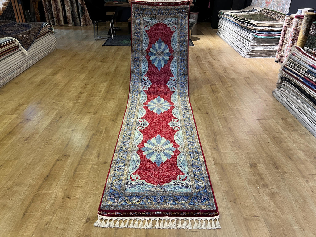 3x10 ft Red Silk Runner Rug, Blue Medallion, Classic Luxury Hallway Rug