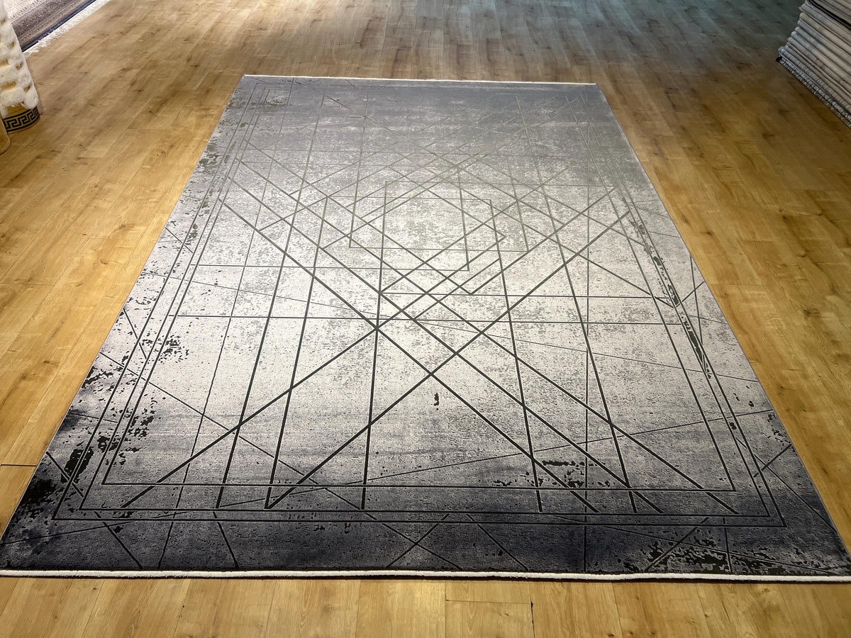 7x10 Ft Gray Modern Bamboo Rug with Geometric Pattern