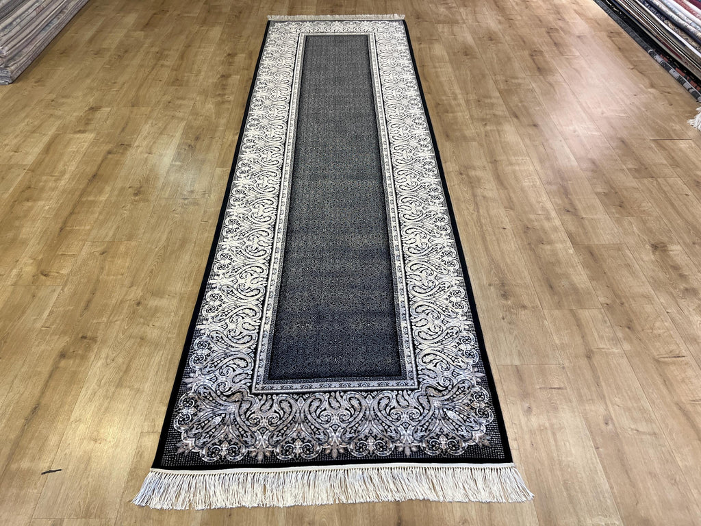 Black Silk Runner Rug with Framed Border, 3x10 ft, Classic Luxury Hallway Rug