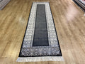 Black Silk Runner Rug with Framed Border, 3x10 ft, Classic Luxury Hallway Rug