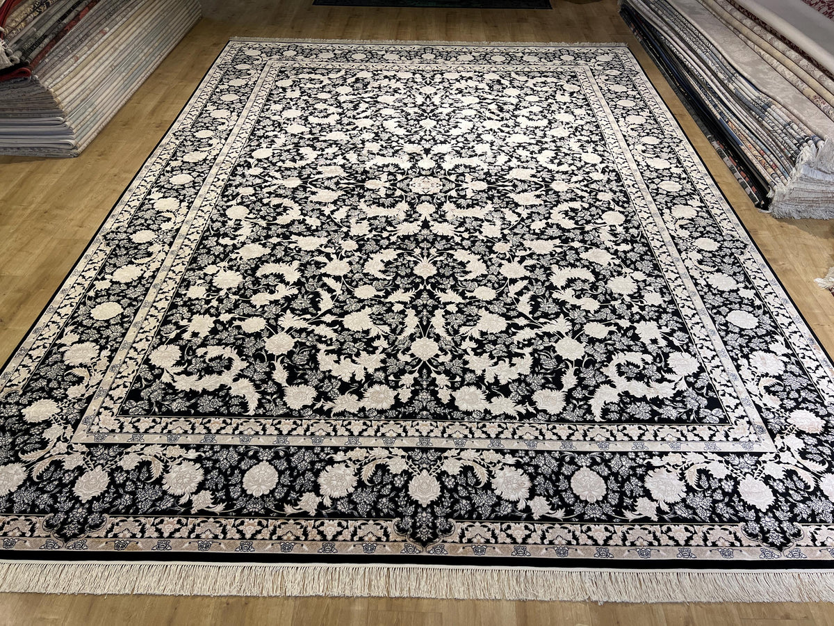 10x13 ft Black Classic Silk Rug with Gold Floral Motifs, Big Silk Carpet