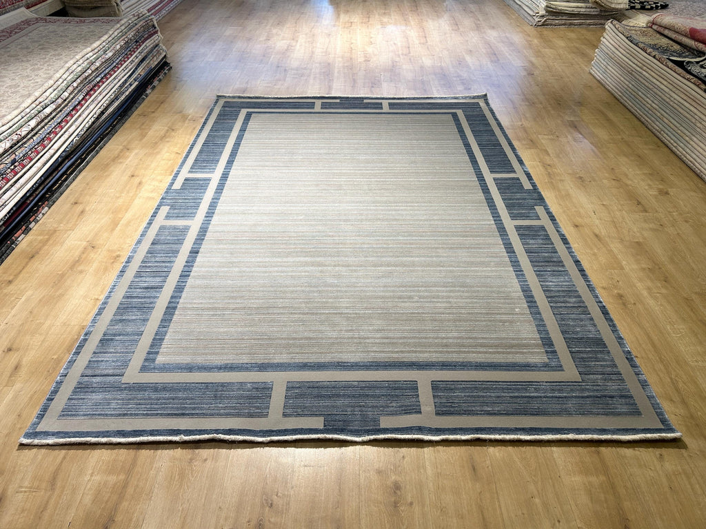 7x10 ft Blue Gray Beige Bamboo Rug, Bordered Minimalist Modern Rug, Oversize Carpet