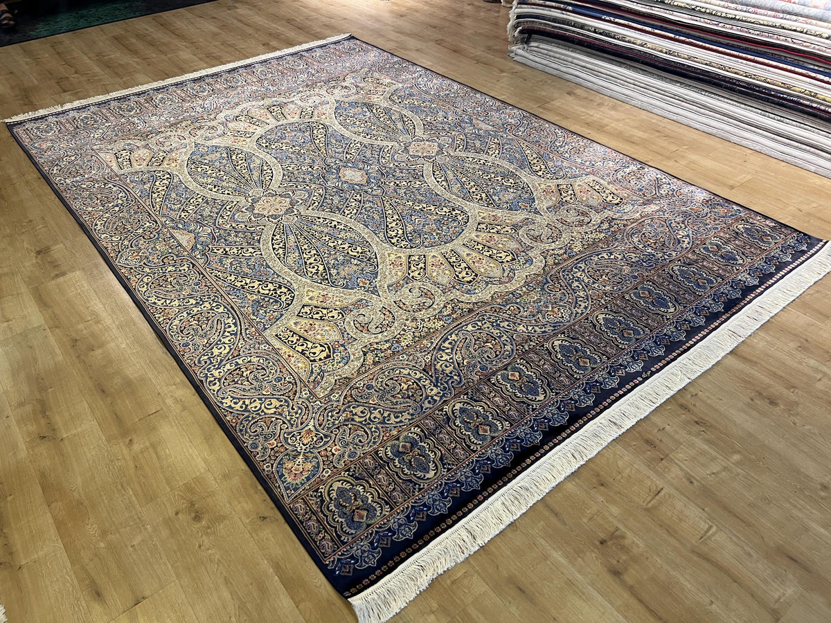 Blue Gold Silk Palace Rug, 8x11 ft, Traditional Turkish Carpet