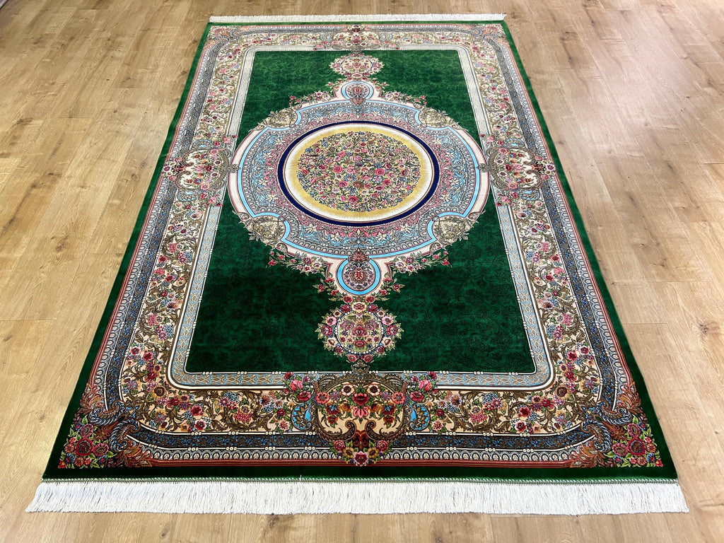 Luxury Green Silk Rug With Floral Border and Medallion