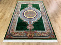 Luxury Green Silk Rug With Floral Border and Medallion