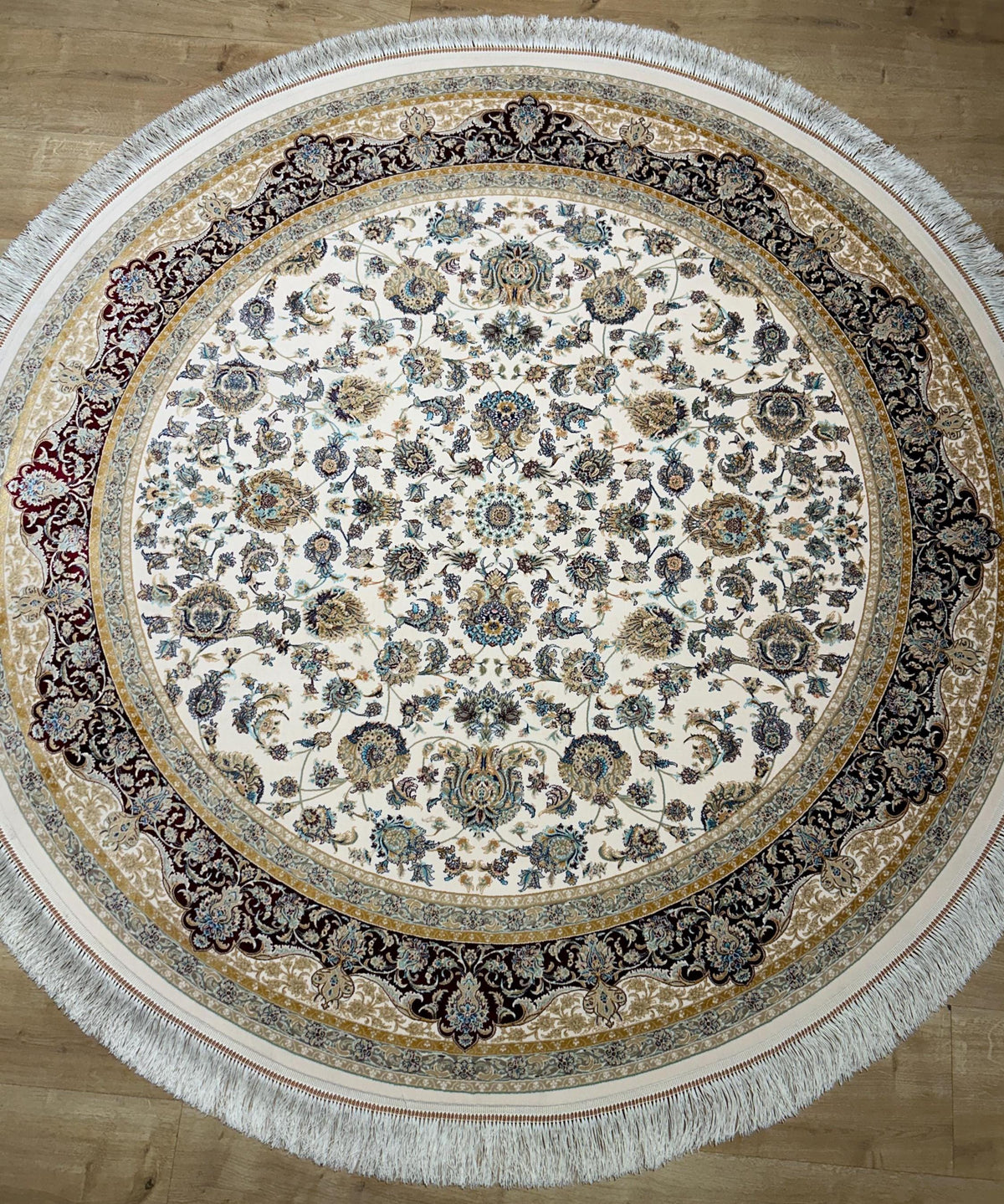 5x5 ft Ivory Round Silk Rug, Red Gold Border Design, Turkish Style Floral Pattern
