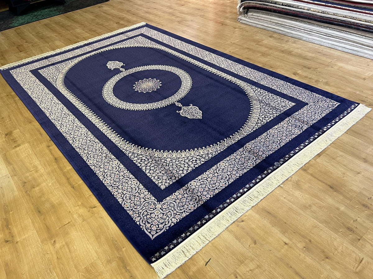 7x10 ft Navy Silk Rug with Grey Medallion and Border, Classic Luxury Home Decor