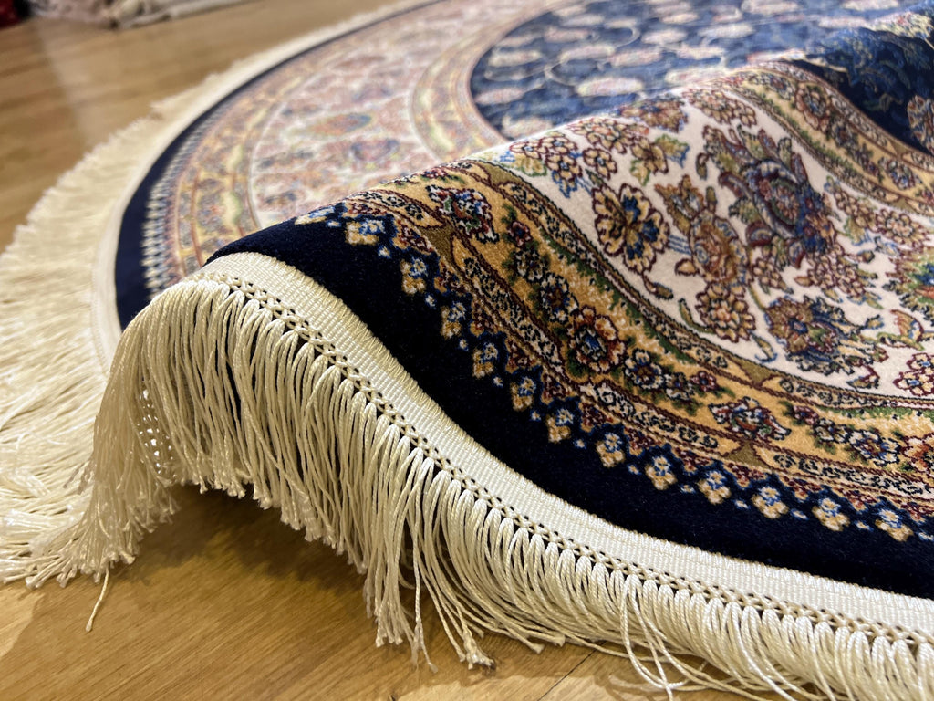 7x7 Ft Round Navy Blue Silk Rug, Floral Pattern Design, Classic Luxury Area Rug
