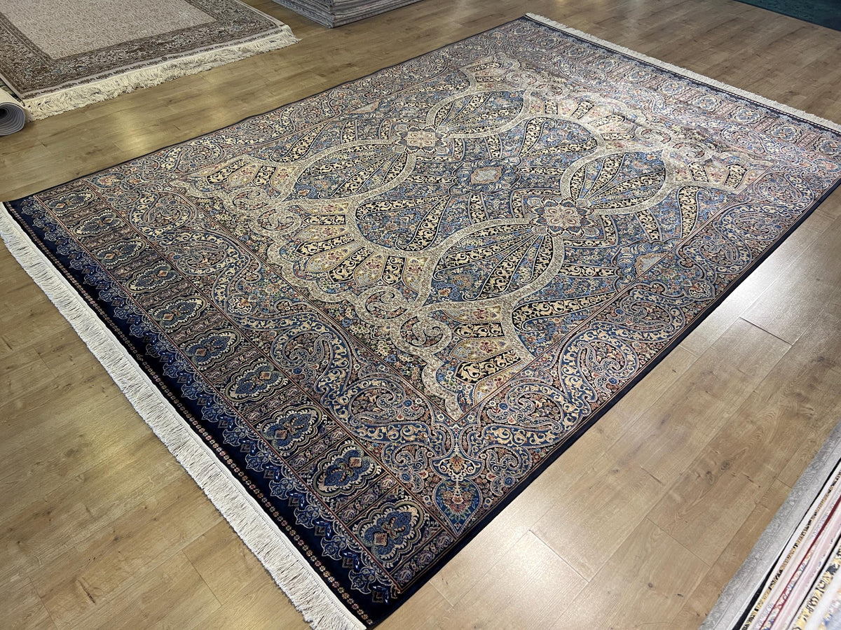 Blue Gold Silk Palace Rug, 8x11 ft, Traditional Turkish Carpet