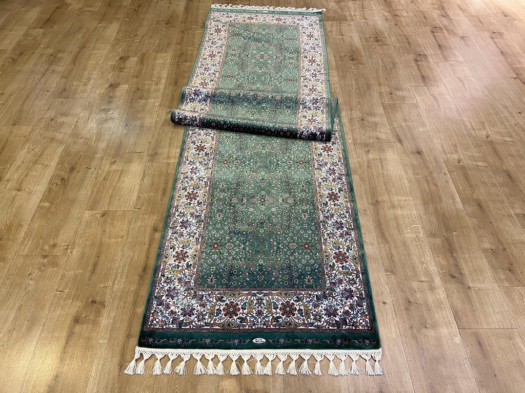 Green Floral Silk Runner Rug, Turkish Style, 3x10 ft, Classic Luxury Hallway Rug