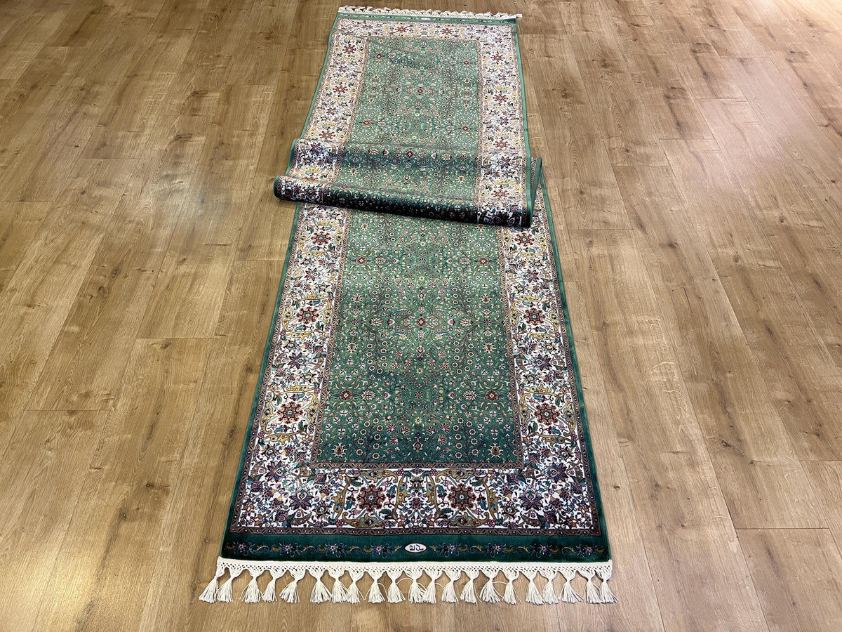 Green Floral Silk Runner Rug, Turkish Style, 3x10 ft, Classic Luxury Hallway Rug
