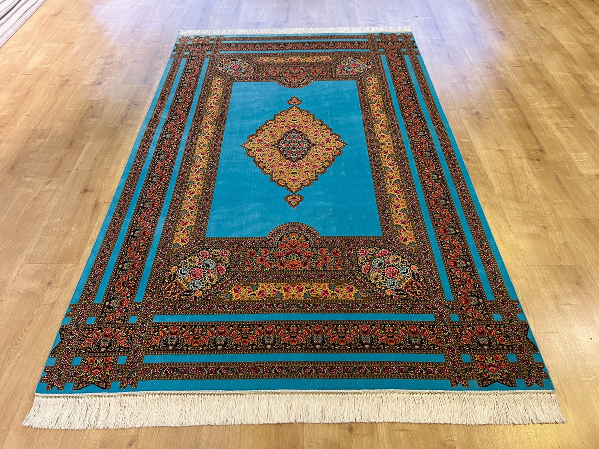 5x8 ft Blue Silk Area Rug, Floral Medallion Classic Style, Luxury Home Decor