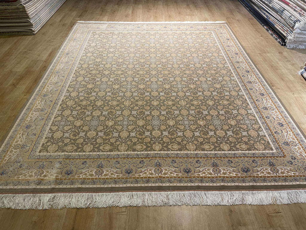 Beige Silk Rug, Cream Floral Design With Elegant Border, Luxury Area Rug
