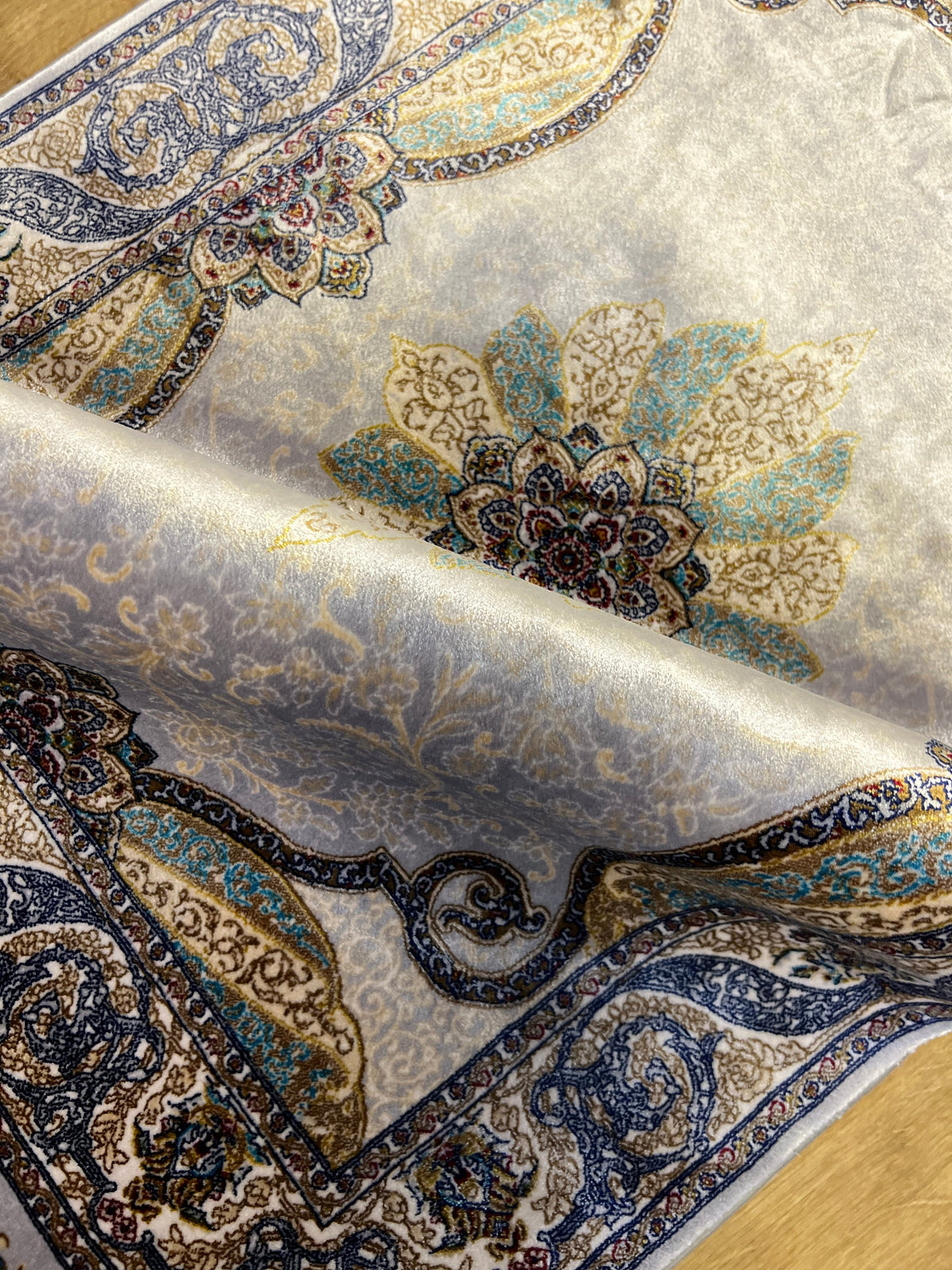 2x3 Ft Gray Silk Rug, Gold And Blue Medallion Pattern, Small Gift Rug, Tapestry
