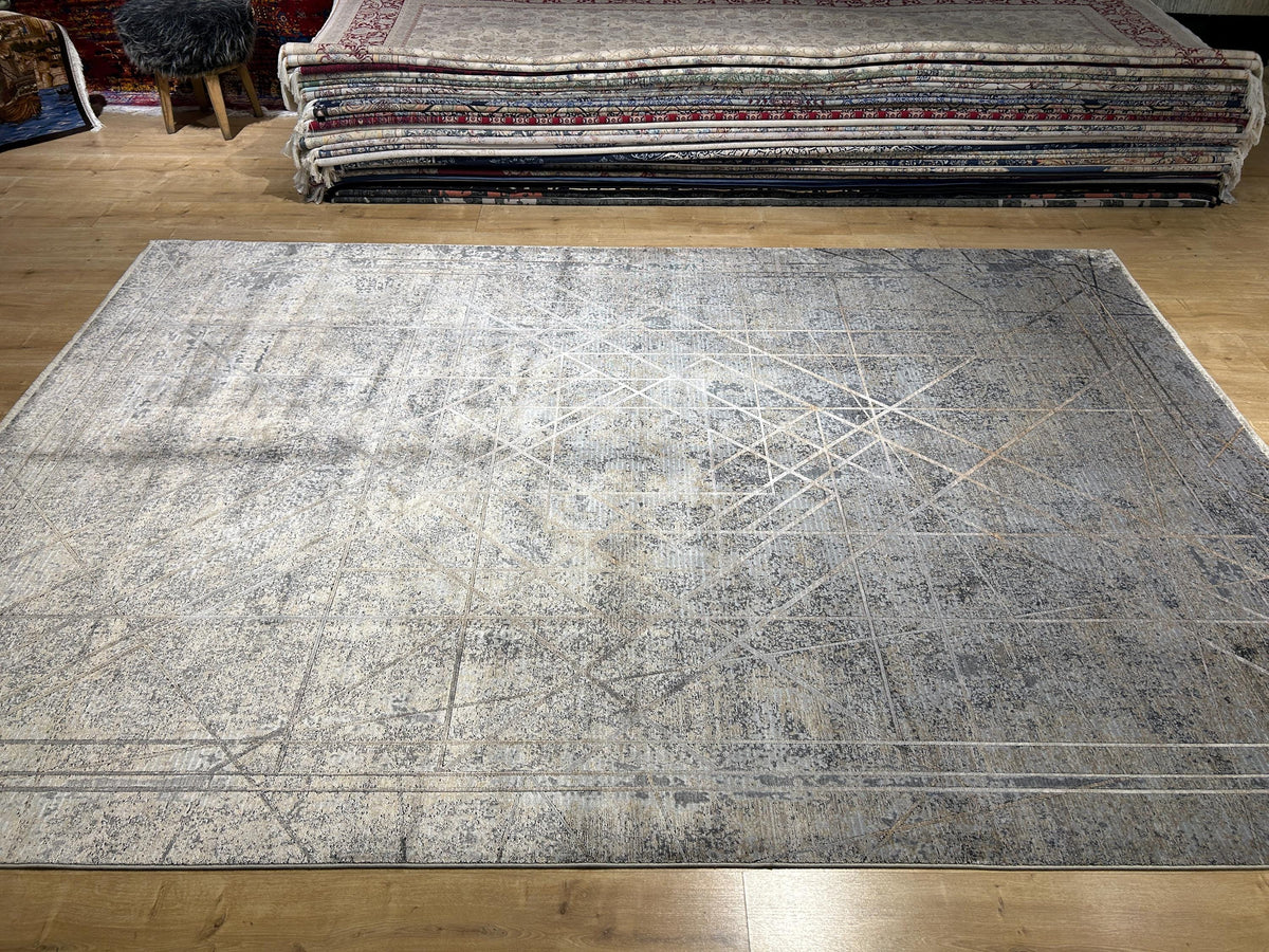 Gray Gold Bamboo Rug, Geometric Striped Pattern, Abstract Modern Area Rug