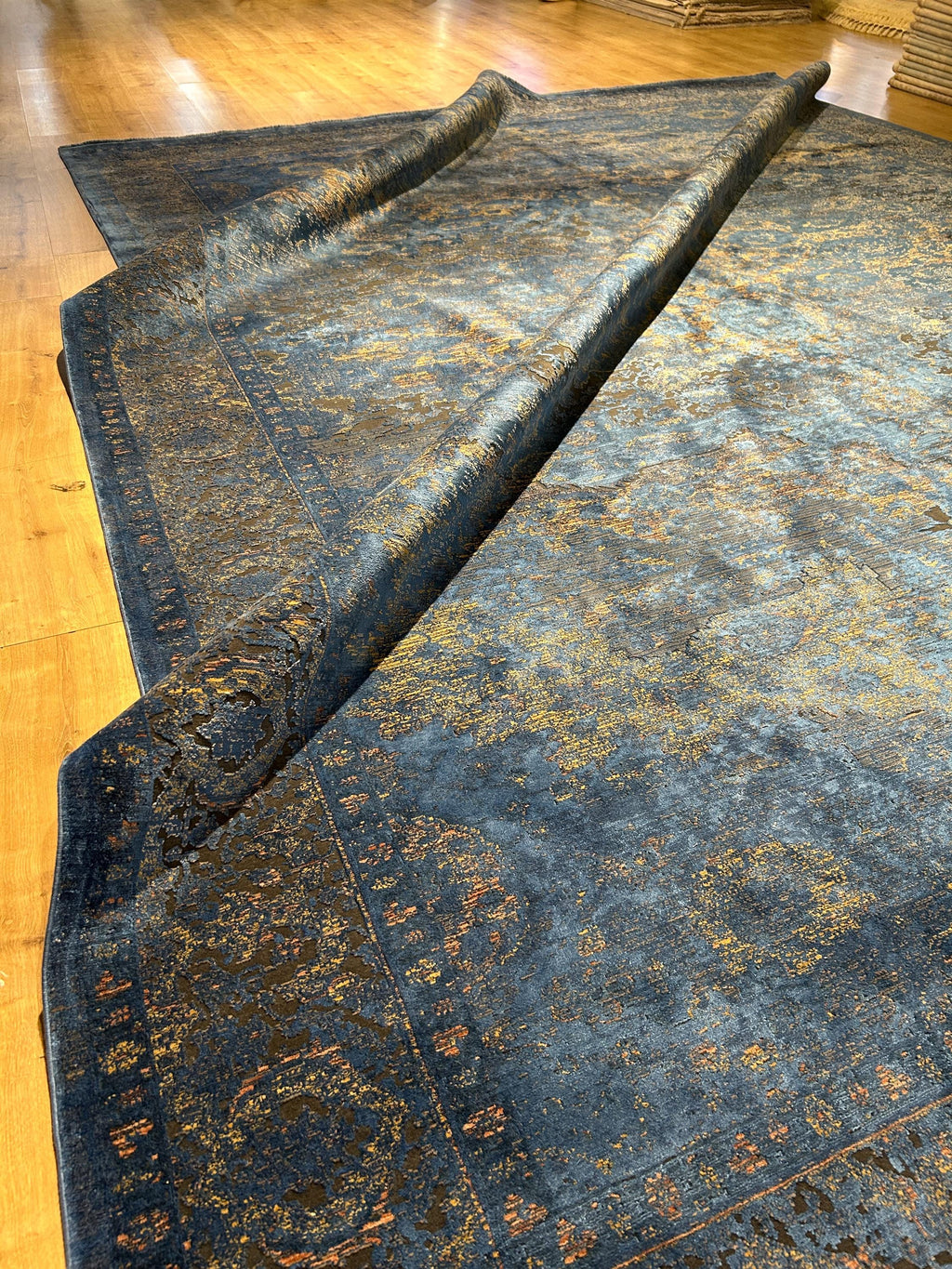 10x13 ft Blue Gold Gray Bamboo Rug, Distressed Pattern, Modern Rug