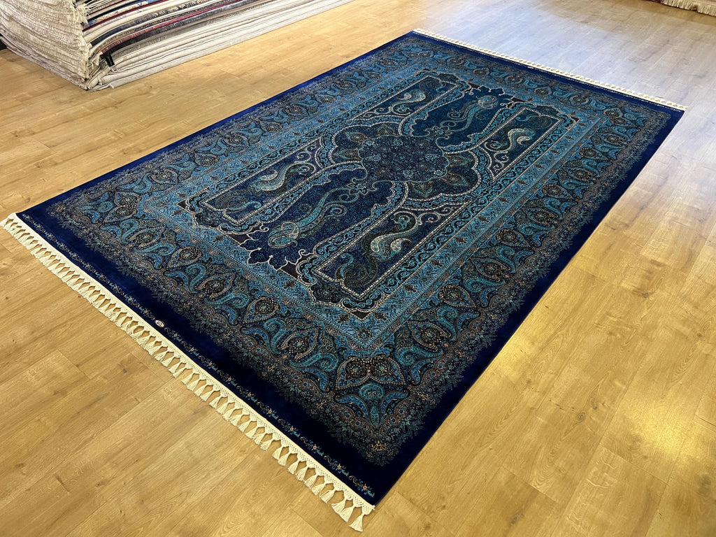 Modal Silk Rug, Dark Blue Gold Medallion Design, Luxury Turkish Carpet, Home Decor
