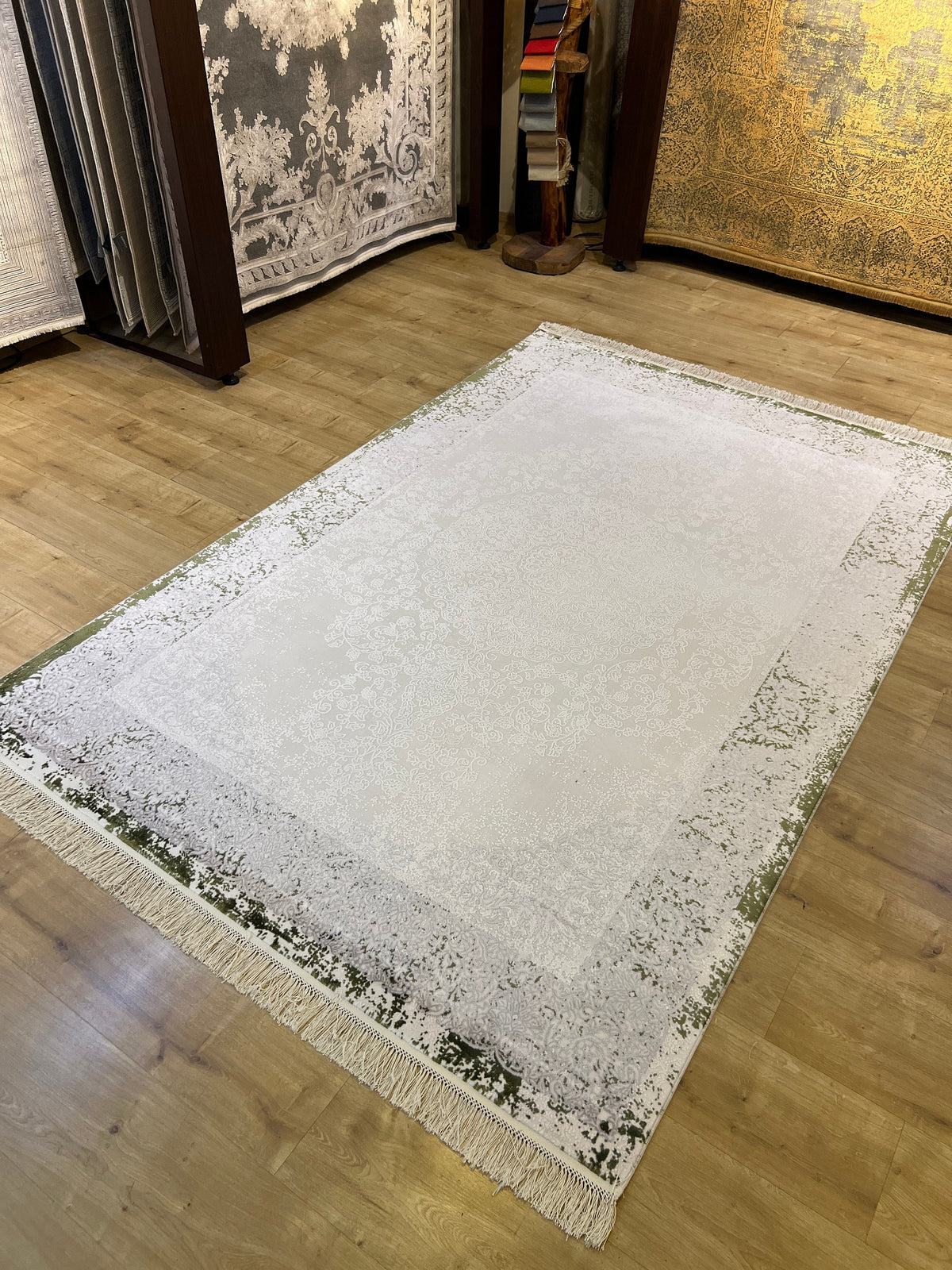 Gray Green Bamboo Area Rug, 5x8 ft, Turkish Style Carpet