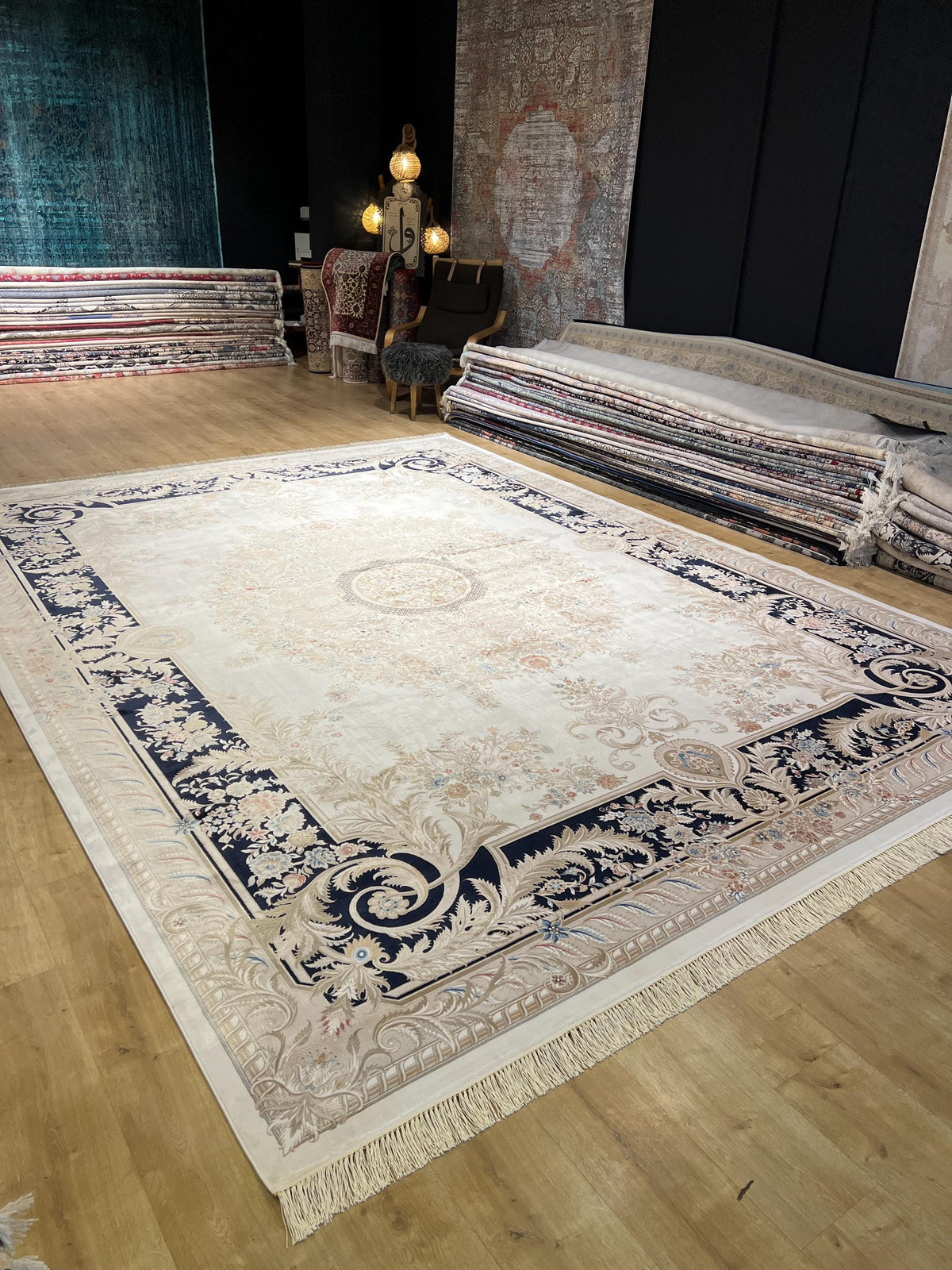 10x13 ft Ivory Silk Rug with Navy Blue Border Gold Medallion, Big Silk Carpet
