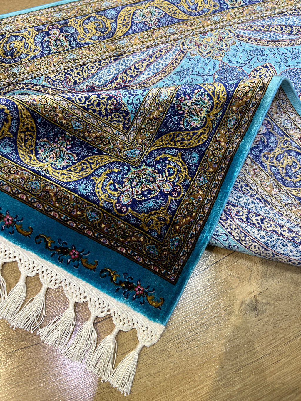 Blue Gold Floral Silk Rug 3x10 ft, Turkish Home Luxury Style