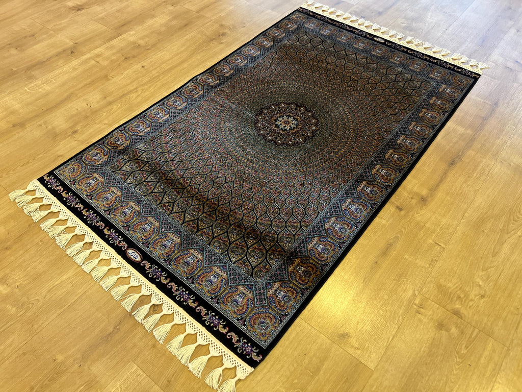Black Gold Silk Turkish Rug, Small Gift Carpet, Home Decor