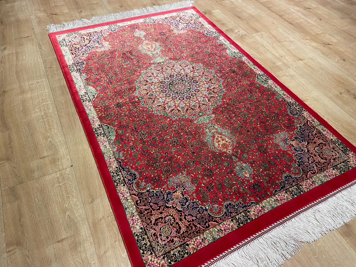 Red Small Silk Rug, Medallion Design Small Gift Carpet, Luxury Home Decor