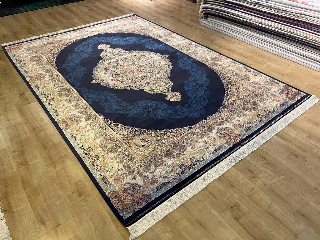 Navy Blue Modal Silk Rug 8x11, Turkish Palace Style