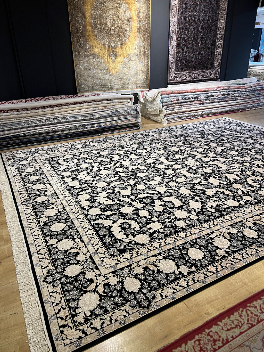 10x13 ft Black Classic Silk Rug with Gold Floral Motifs, Big Silk Carpet