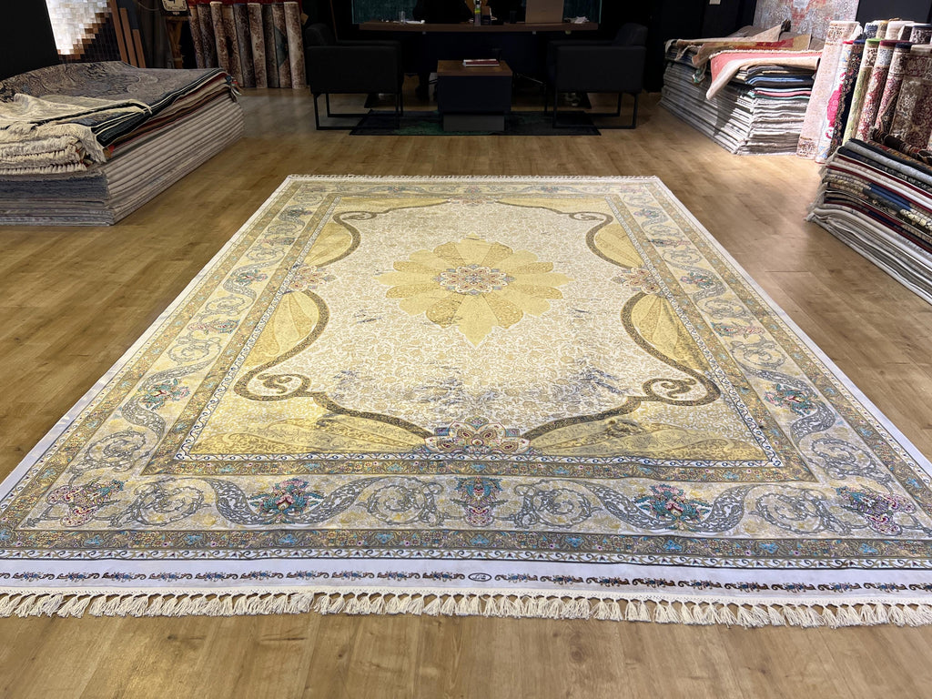 Gold Ivory Modal Silk Rug 8x11 ft, Medallion Design