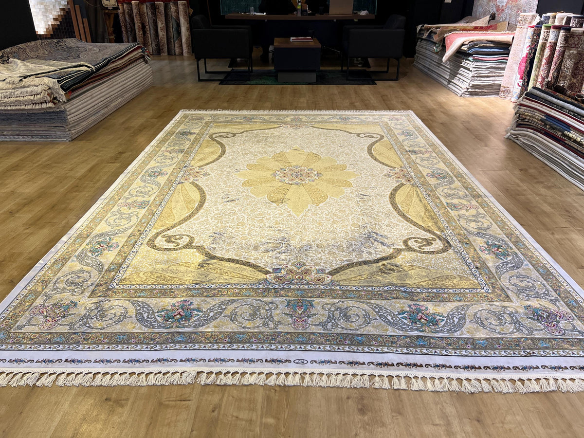 Gold Ivory Modal Silk Rug 8x11 ft, Medallion Design