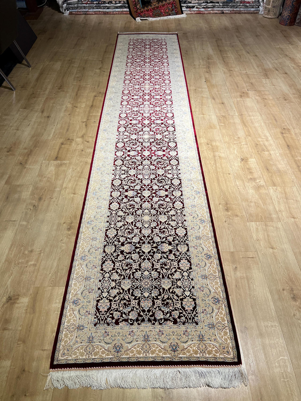 3x13 ft Red Silk Runner Rug, Blue Medallion, Classic Luxury Hallway Rug