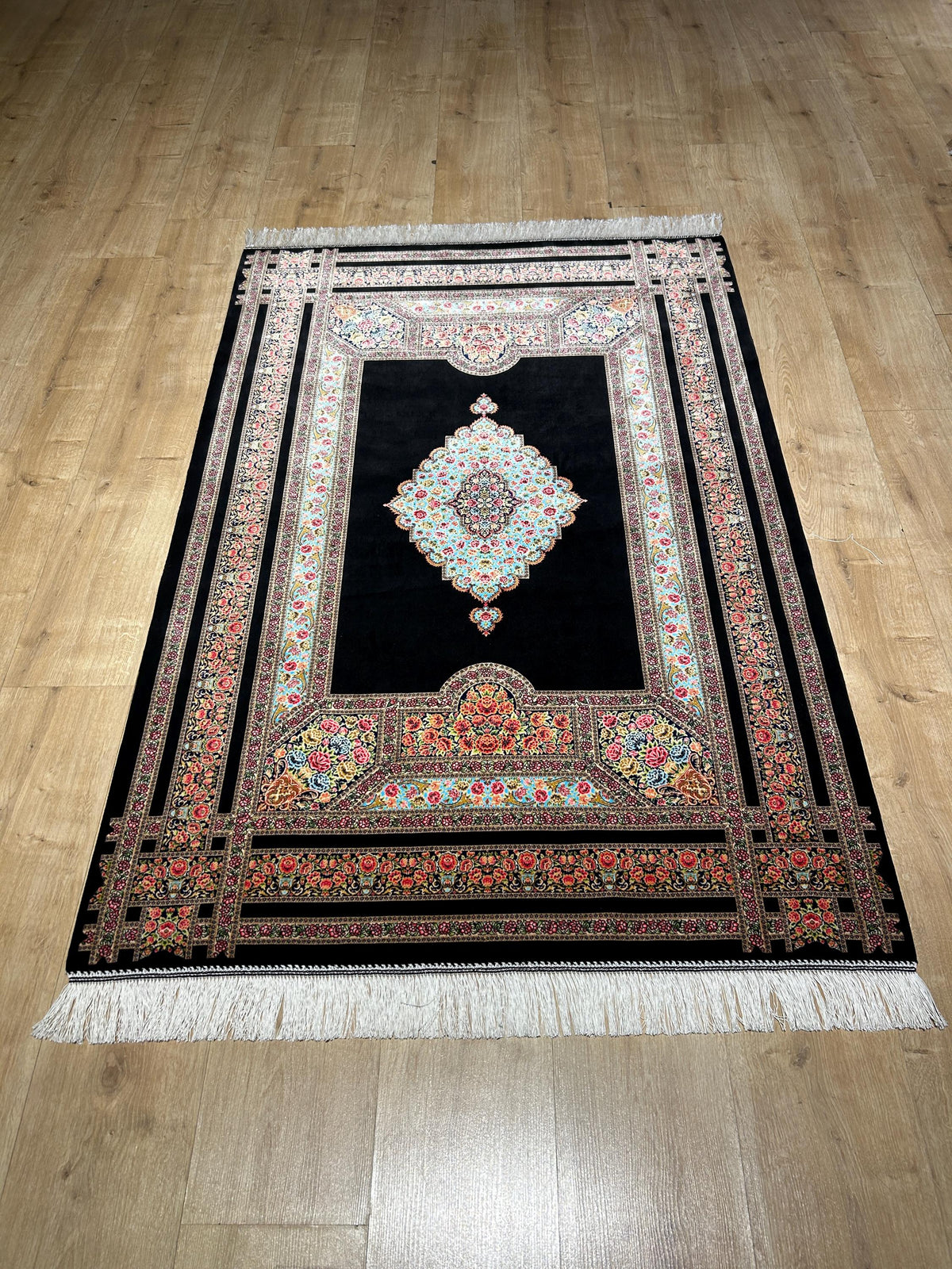 Black Silk Rug, Floral Medallion and Border Design Classic Luxury Silk Carpet
